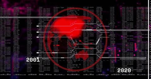 Red cyber globe with radar ring and neon data interface showing global threats 2001-2020