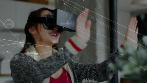 Woman in Virtual Reality Exploring Futuristic Digital Interface