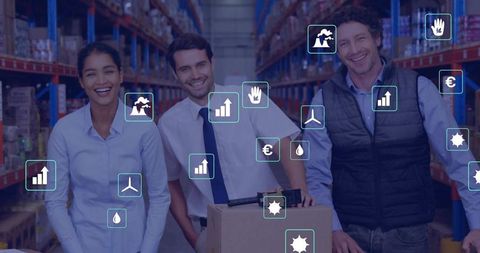 Warehouse team analyzing logistics data overlay for inventory efficiency and productivity