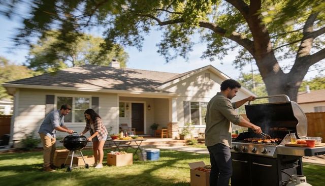 Group grilling and preparing backyard cookout on sunny suburban lawn