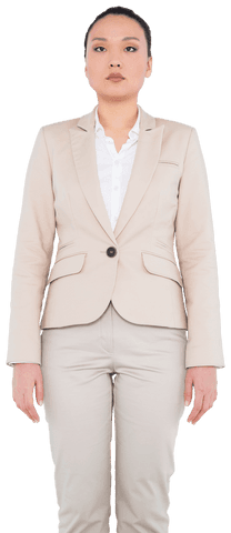 Transparent Asian Woman in Business Attire Standing Confidently