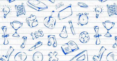 Hand-drawn school and education icons with lined notebook background