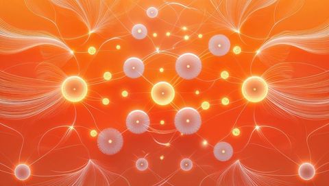Futuristic Network with Glowing Nodes and Strands Over Orange Gradient
