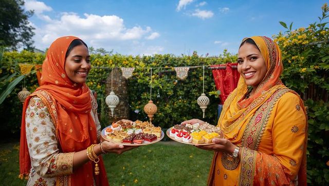 Two women in embroidered orange and mustard scarves holding dessert trays at garden celebration