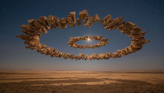 Levitation of stacked sandstone rings hovering over desert plain under starry moonlight