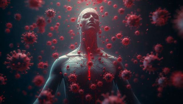 Anatomical model with glowing vessels against viral particles