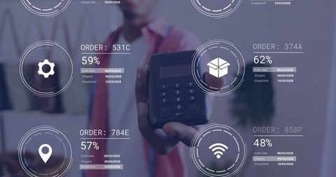 Modern payment technology interface with male associate