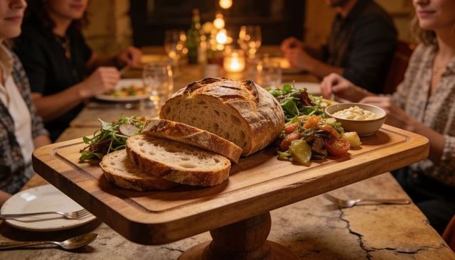 Rustic sourdough loaf on board with mixed salad, pickles and creamy dip at candlelit dinner party