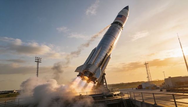 Metallic Rocket Launching from Coastal Spaceport at Sunset with Fiery Engine Plume