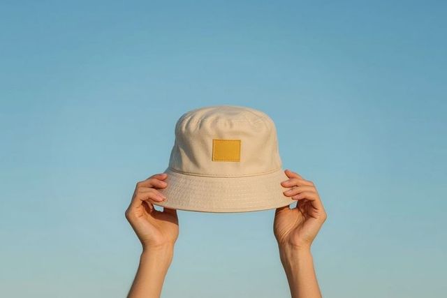 Hands holding beige bucket hat against clear blue sky