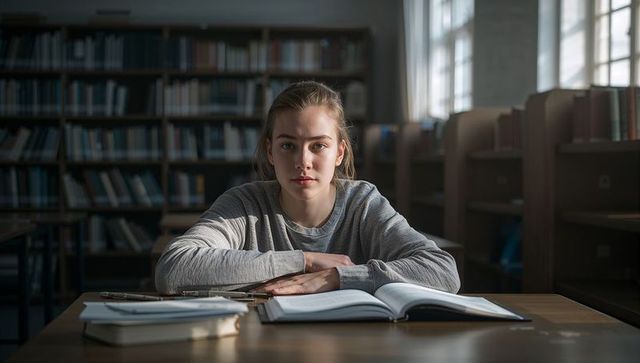 Focused teenage student studying at library desk with open textbook and natural daylight
