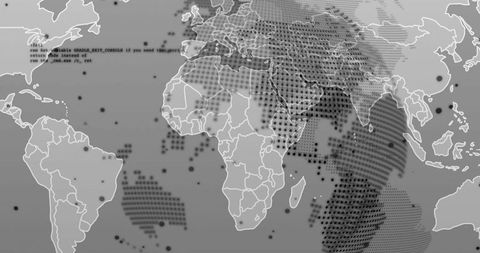 Digital Interface World Map with Code Overlay and Data Visualization