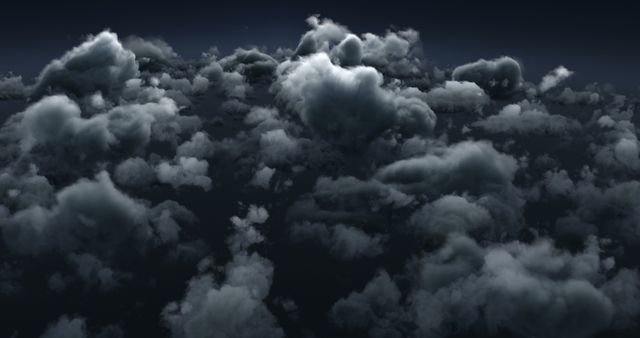 A vast expanse of fluffy, dense clouds fills the frame under a dark, moody sky, with copy space. The image evokes a sense of tranquility and the majestic nature of the earth's atmosphere.