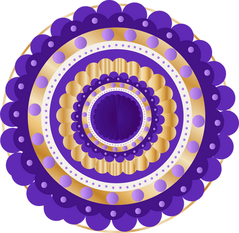 Intricate mandala design in purple and gold on transparent background