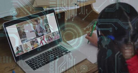 Girl Writing During Virtual Classroom on Laptop with Tech Circuit Overlay Remote Learning