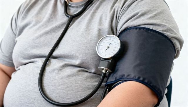 Measuring blood pressure on overweight adult male using sphygmomanometer and stethoscope