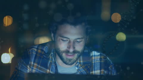 Scientist Working on Laptop Surrounded by Scientific Data Holograms