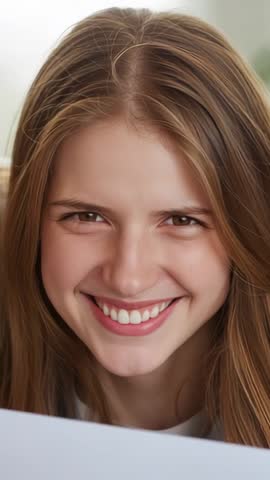 Vertical video smiling woman reading note and reacting with joyful surprise while relaxing at home