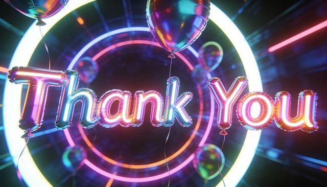 Floating neon foil balloons spelling thank you with iridescent rings and reflective glow