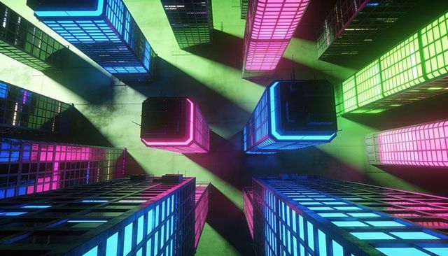 Aerial neon skyline with glowing highrises and vibrant cyberpunk lighting at night