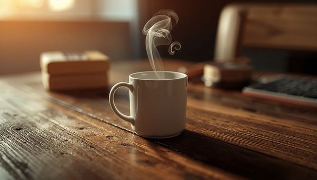 Steaming Mug on Rustic Wooden Table Minimalist Workspace
