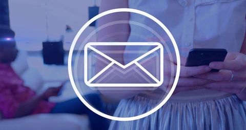 Floating envelope icon over mobile messaging scene showing hands holding smartphone and tablet