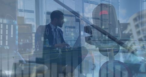 Businessman analyzing market trends with digital overlay