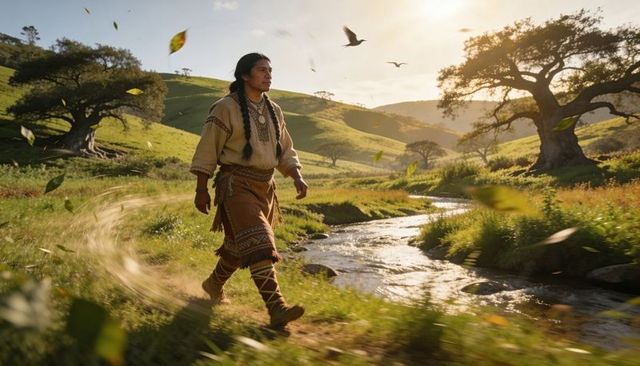 Indigenous man walking in traditional beaded regalia with braids by creek at golden hour