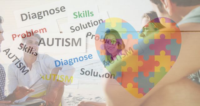 Image highlights autism awareness with friends socializing outdoors. Words like 'diagnose', 'skills', 'solution', and 'problem' scattered alongside a multicolored puzzle heart symbolizing autism support. Suitable for promoting autism awareness campaigns, educational materials, and support group advertisements.