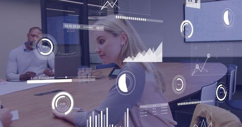 Business Team Collaboration with Digital Data Analytics in Office