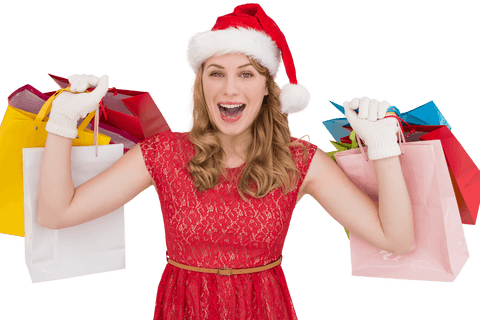 Joyful Woman in Santa Hat Holding Shopping Bags on Transparent Background