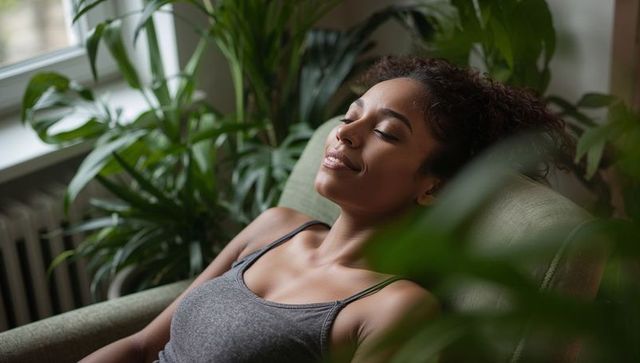Woman relaxing in sunlit armchair surrounded by lush houseplants for wellness lifestyle