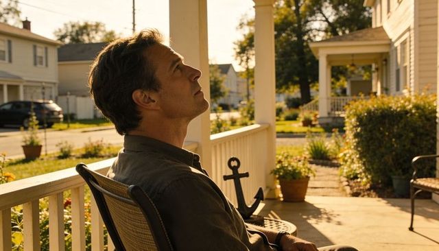 Man relaxing on sunlit front porch gazing upward at golden hour with anchor accent