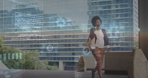 Professional woman walking plaza carrying tote with augmented reality interface overlays
