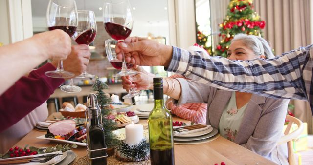 Family Celebrating Christmas with Wine Toast Over Dinner Table - Download Free Stock Images Pikwizard.com