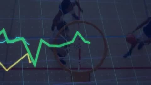 Basketball Players Competing with Digital Data Analytics Overlay