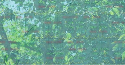 Green Finance Concept Foliage Overlaying Stock Market Tickers and Data Grid Visual Texture