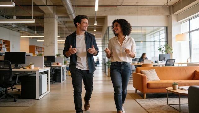 Young Professionals Walking and Conversing in Bright Modern Open Office Workspace