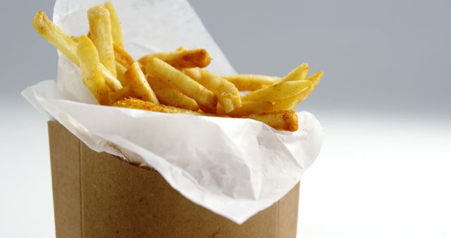 Delicious French fries are displayed in a brown takeout container lined with white paper. These golden, crispy fries are tempting and perfect for food blogs, restaurant menus, or advertisements that wish to highlight fast food or snacking options.