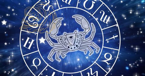 Zodiac Wheel Featuring Cancer Crab Symbol over Cosmic Background