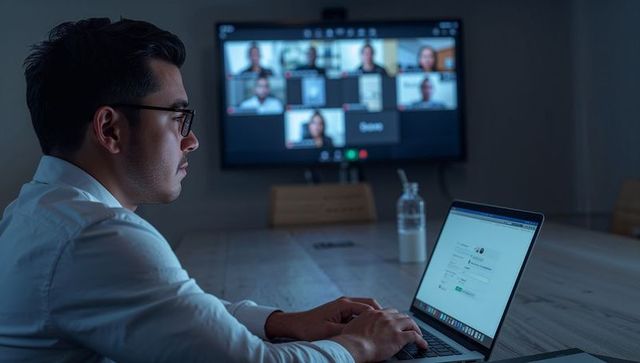 Asian professional typing laptop during virtual meeting in dim conference room