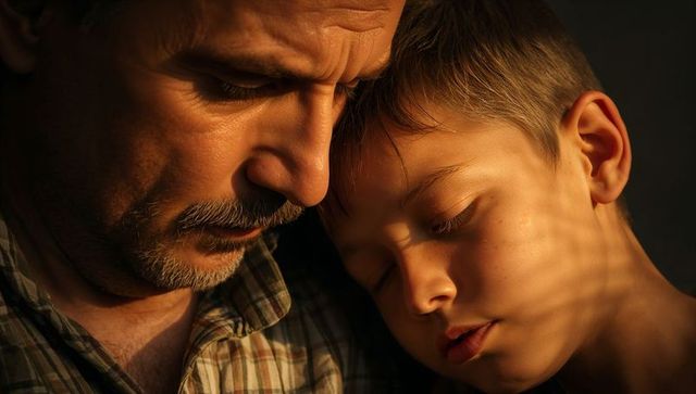 Father cradling sleeping son in warm golden window light, tender intimate fatherhood