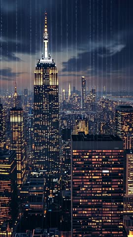 Vertical Cyberpunk Night Skyline Video: Neon-lit City with Digital Code Rain and Moving Clouds