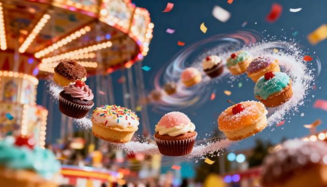 Whimsical spiral of colorful cupcakes trailing sugar dust over glowing carnival carousel