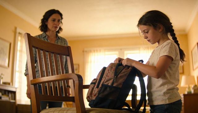 Mother watching daughter packing backpack in sunlit living room morning routine