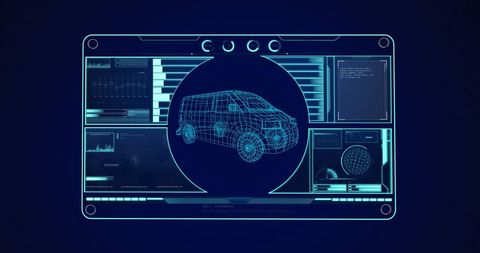 Futuristic 3d car model with digital interface and analytics
