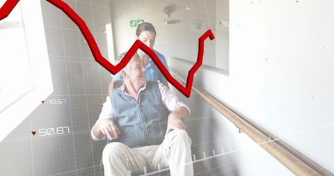Caregiver pushing senior in wheelchair down corridor with red health data chart overlay