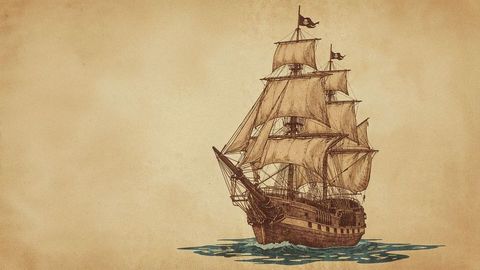 Vintage pirate ship illustration sails across a parchment sea