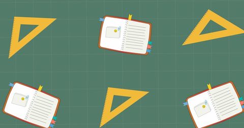 Seamless School Supplies Pattern on Grid Green Background