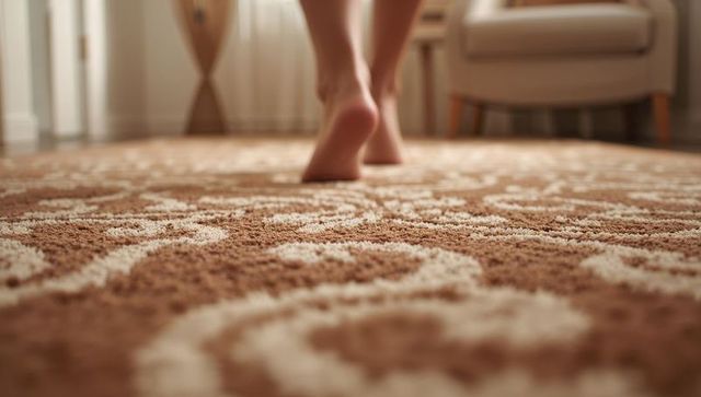Walking bare feet on plush brown and cream carpet in cozy living room with armchair